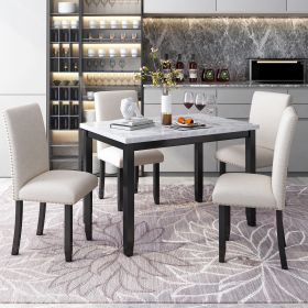 Faux Marble 5-Piece Dining Set Table with 4 Thicken Cushion Dining Chairs Home Furniture, White/Beige+Black