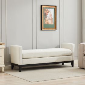 66.34"W Elegant Upholstered Bench,Daybed, Ottoman with Wood Legs & 2 Bolster Pillows for End of Bed, Bedroom, Living Room, Entryway,Ivory Boucle