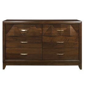 Modern Bedroom Walnut Finish 1pc Dresser of 6 Drawers Decorative Angled Front Satin Brass Tone Handles Wooden Furniture