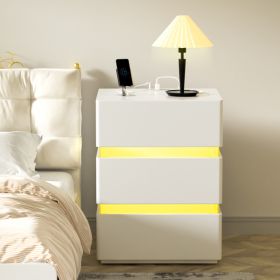 RGB LED With with Charging Station and USB Ports 3 Drawer Side Cabinet Bedside Table Nightstand White