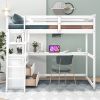 Full Size Loft Bed with Desk and Shelves,Two Built-in Drawers,White