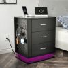 RGB LED With with Charging Station and USB Ports 3 Drawer Side Cabinet Bedside Table Nightstand Right Side Black