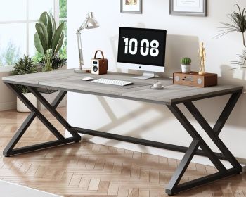 70 Inch Computer Desk for 2 Person, Industrial Large Wood Metal Office Desks, Farmhouse Workstation, Long Writing Desk (Color: Light Grey Oak)