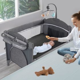 5 in 1 Baby Crib, Bedside Cribs, Pack and Play with Bassinet and Changing Table, Portable Travel Baby Playpen with Toys & Music (Color: Grey)