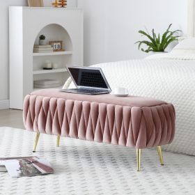 Oval Storage Bench with Gold Legs,Velvet Fabric Upholstered Ottoman Storage Benches for Bedroom End of Bed,Sherpa Fabric Bench for Living Room (Color: as Pic)