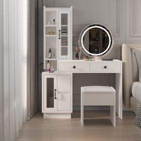 Modern Makeup Vanity Table Set with Side Cabinet and LED Mirror, Retractable Dressing Table with Power Outlets, 3 Light Colors (Color: As shown in the figure)