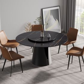 59.05"Modern artificial stone round black carbon steel base dining table-can accommodate 6 people-31.5"black artificial stone turntable (Color: as Pic)